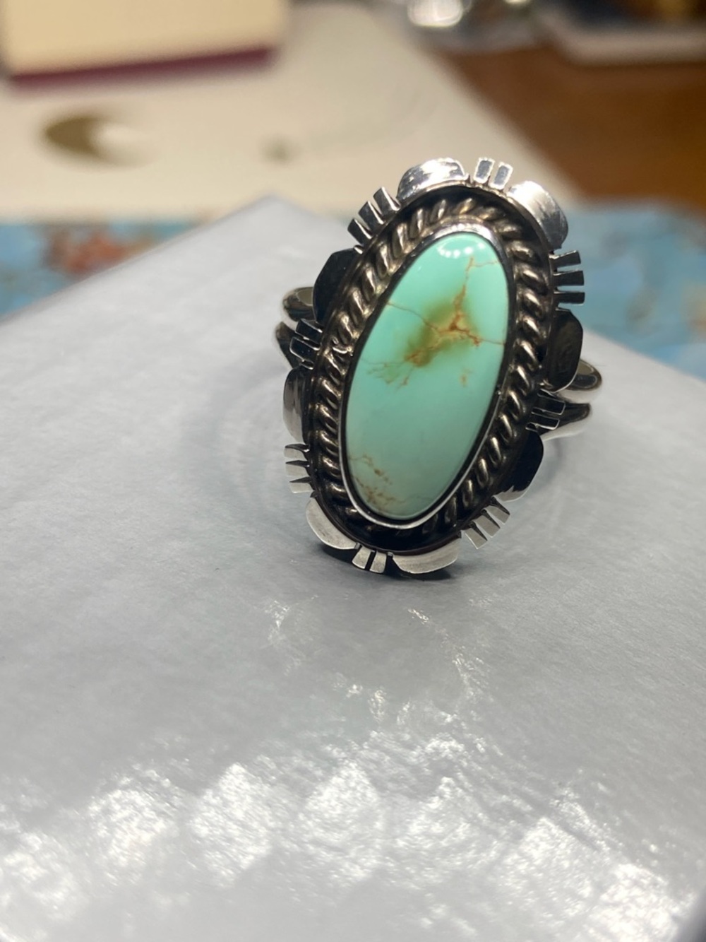 Sterling Silver Turquoise Oval Statement Ring - Light Blue Green, Navajo/signed - Picture 6 of 15